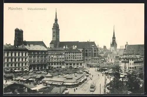 AK München, Verkaufsstände und Strassenbahn am Viktualienmarkt