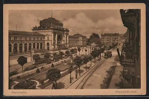 AK Mannheim, Strassenbahn vor dem Hauptbahnhof
