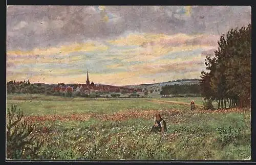 Künstler-AK Mudau im Odenwald, Mädchen beim Blumenpflücken mit Ort im Hintergrund