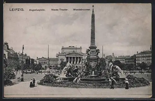 AK Leipzig, Augustusplatz, Neues Theater, Mendebrunnen