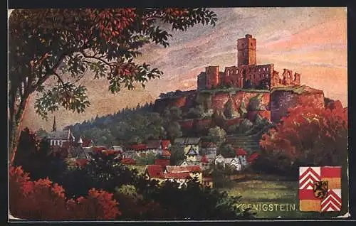 Künstler-AK Königstein (Taunus), Ortsansicht mit Ruine und Wappen