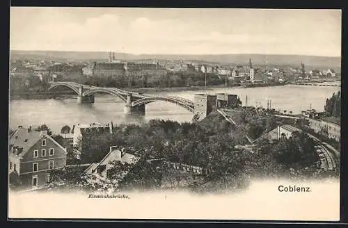 AK Coblenz, Ortsansicht mit Eisenbahnbrücke aus der Vogelschau