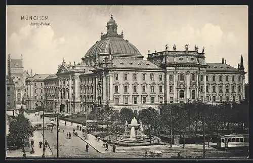 AK München, Strassenbahn am Justizpalast