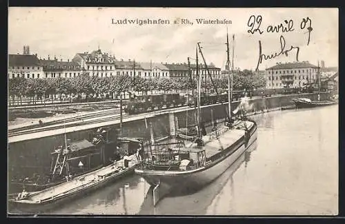 AK Ludwigshafen a. Rh., Winterhafen mit Booten