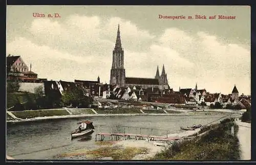 AK Ulm a. D., Donaupartie mit Blick auf das Münster