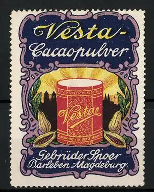 Reklamemarke Vesta-Cacaopulver, Gebrüder Spoer, Barleben-Magdeburg, Kakaobohnen und Dose
