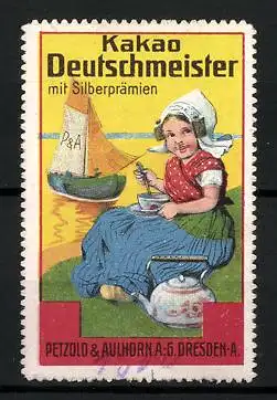 Reklamemarke Deutschmeister-Kakao mit Silberprämien, Petzold & Aulhorn AG, Dresden, holländisches Mädchen mit Kaffee