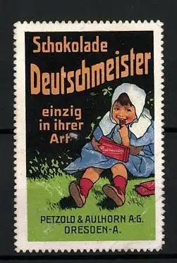 Reklamemarke Deutschmeister-Kakao, einzig in ihrer Art, Petzold & Aulhorn AG, Dresden, Mädchen nascht Schokolade