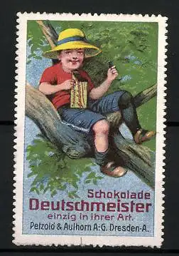 Reklamemarke Deutschmeister-Kakao, einzig in ihrer Art, Petzold & Aulhorn AG, Dresden, Bube mit Schokolade im Baum