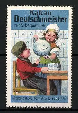 Reklamemarke Deutschmeister-Kakao mit Silberprämien, Petzold & Aulhorn AG, Dresden, holländ. Paar am Kaffeetisch