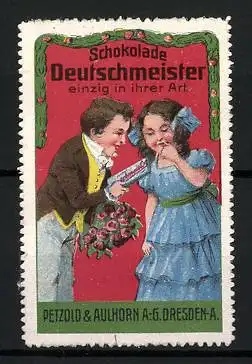 Reklamemarke Deutschmeister-Kakao, einzig in ihrer Art, Petzold & Aulhorn AG, Dresden, Paar mit Schokolade