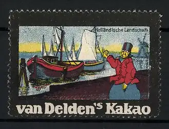 Reklamemarke Van Delden's Kakao, Hafenbild und Mann in holländischer Tracht