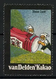 Reklamemarke Van Delden's Kakao, Zwerge schieben eine Dose den Berg hinauf
