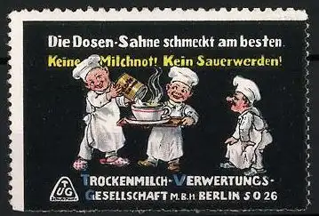 Reklamemarke Dosen-Sahne der Trockenmilch-Verwertungs-Gesellschaft Berlin, Köche rühren Sahne an