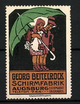 Reklamemarke Schirmfabrik Georg Beitelrock, Augsburg, Kinderpaar unter einem Regeschirm