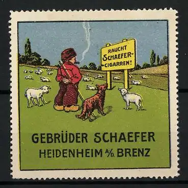 Reklamemarke Schaefer-Cigarren, Gebrüder Schaefer, Heidenheim a. d. Brenz, Schäfer mit Hund vor einem Werbeschild