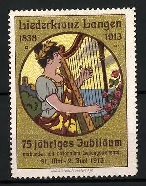 Reklamemarke Langen, Liederkranz 1913, 75 jähr. Jubiläum 1838-1913, Fräulein spielt Harfe