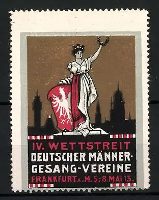 Reklamemarke Frankfurt a. M., IV. Wettstreit Deutscher Männer-Gesang-Vereine 1913, Königin mit Krone und Wappen