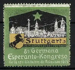 Reklamemarke Stuttgart, 8. Germana Esperanto-Kongreso 1913, Stadt, Stern und Wappen
