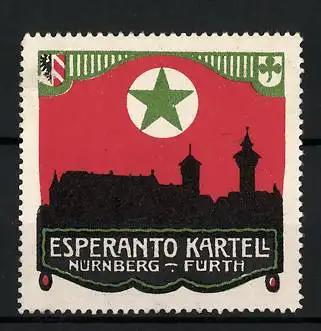 Reklamemarke Nürnberg-Fürth, Esperanto Kartell, Stadtsilhouette, Stern und Wappen