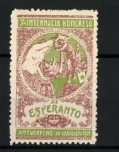 Reklamemarke Antverpeno, 7. Internacia Kongreso de Esperanto 1911, nackte Frau am Stadtrand