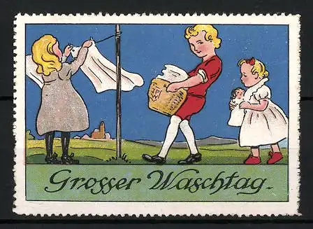 Künstler-Reklamemarke Johann Peter Werth, Grosser Waschtag, Kinder beim Wäsche waschen