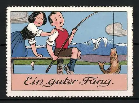 Künstler-Reklamemarke Johann Peter Werth, Ein guter Fang, Kinderpaar beim Angeln