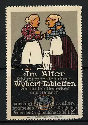 Reklamemarke Wybert-Tabletten schützen vor Husten, Heiserkeit & Katarrh, zwei betagte Damen mit Katze, Dose