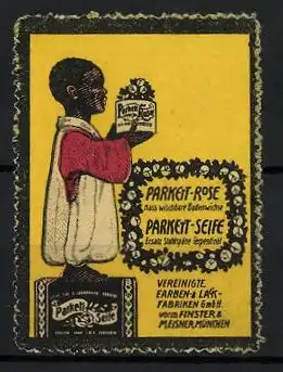 Reklamemarke Parkett-Rose & Parkett-Seife, Vereinigte Farben- und Lackfabriken Finster & Meisner, München