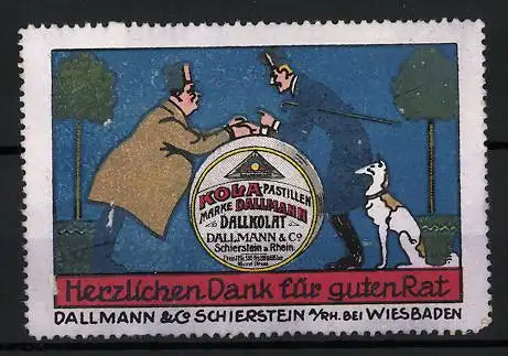 Reklamemarke Kola Pastillen, Dallmann & Co., Schierstein, zwei Herren lehnen auf einer Dose