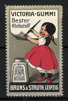 Reklamemarke Victoria-Gummi - bester Klebstoff, Bruns & Struth, Leipzig, Mädchen pinselt Klebstoff auf ein Papier