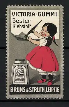 Reklamemarke Victoria-Gummi - bester Klebstoff, Bruns & Struth, Leipzig, Mädchen pinselt Klebstoff auf ein Papier