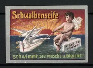 Reklamemarke Schwalbenseife schwimmt, sie wäscht u. bleicht!, Ph. Benj. Ribot, Schwabach, Engel und Schwalben
