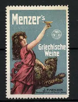 Reklamemarke Menzer's Griechische Weine, J. F. Menzer, Fräulein hebt ein Glas in die Höhe