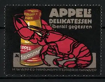 Reklamemarke Appel's Delikatesse - überall gegessen, Hummer umarmt eine Mayonnaise-Flasche