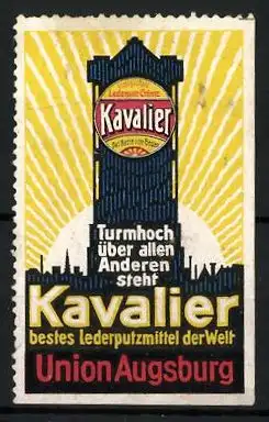 Reklamemarke Kavalier - bestes Lederputzmittel der Welt, Union Augsburg, Turm mit Dose