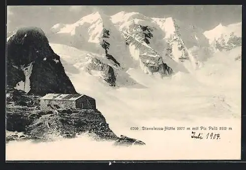 AK Diavolezza-Hütte, Blick auf die Hütte mit Piz Palü und Gebirge