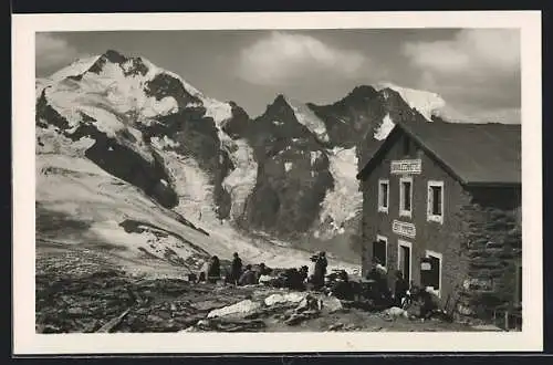 AK Diavolezzahütte, Berghütte mit Blick auf den Piz Bernina