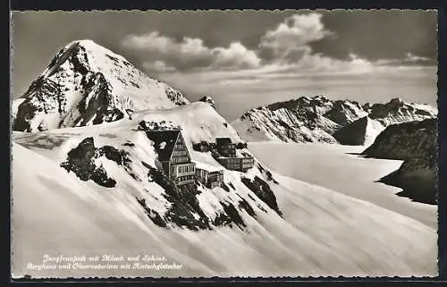 AK Berghaus und Observatorium mit Aletschgletscher, Jungfraujoch mit Mönch und Sphinx