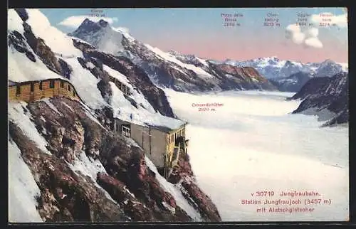 AK Jungfraubahn, Station Jungfraujoch mit Aletschgletscher, Concordiahütten