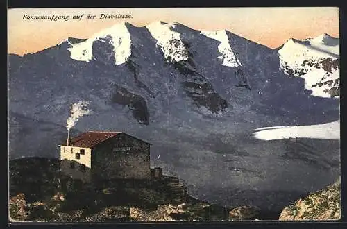 AK Sonnenaufgang auf der Diavolezza, Berghütte