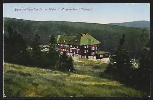 AK Riesengebirgsbaude von einem Berg aus