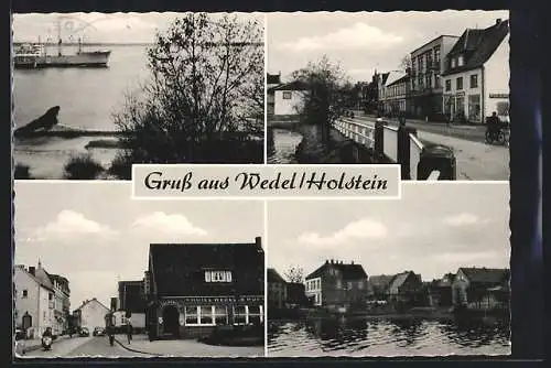 AK Wedel /Holstein, Dampfer auf der Elbe, Hotel Wedeler Hof, Strassenpartie