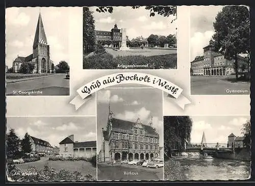 AK Bocholt i. Westf., St. Georgskirche, Kriegerehrenmal, Gymnasium, Rathaus und Aupartie