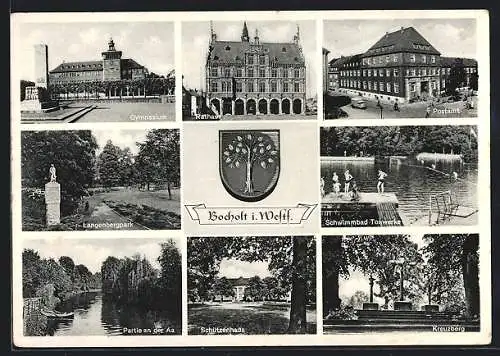 AK Bocholt /Westf., Gymnasium, Langenbergpark, Schützenhaus, Rathaus, Postamt, Kreuzberg