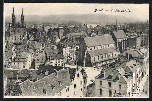 AK Basel, Barfüsserplatz aus der Vogelschau