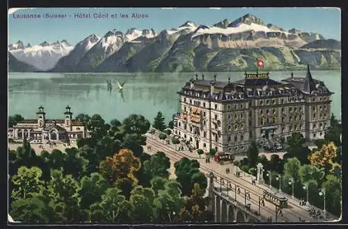 AK Lausanne, Hotel Cecil et les Alpes, Strassenbahn