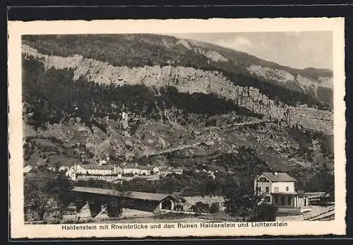 AK Haldenstein, Ortsansicht mit Rheinbrücke und den Ruinen Haldenstein und Lichtenstein