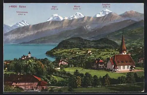 AK Spiez, Ortsansicht mit Kirche und Gipfelpanorama