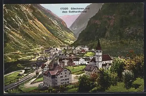 AK Göschenen, Ortspartie mit Kirchen und dem Gotthardtunnel
